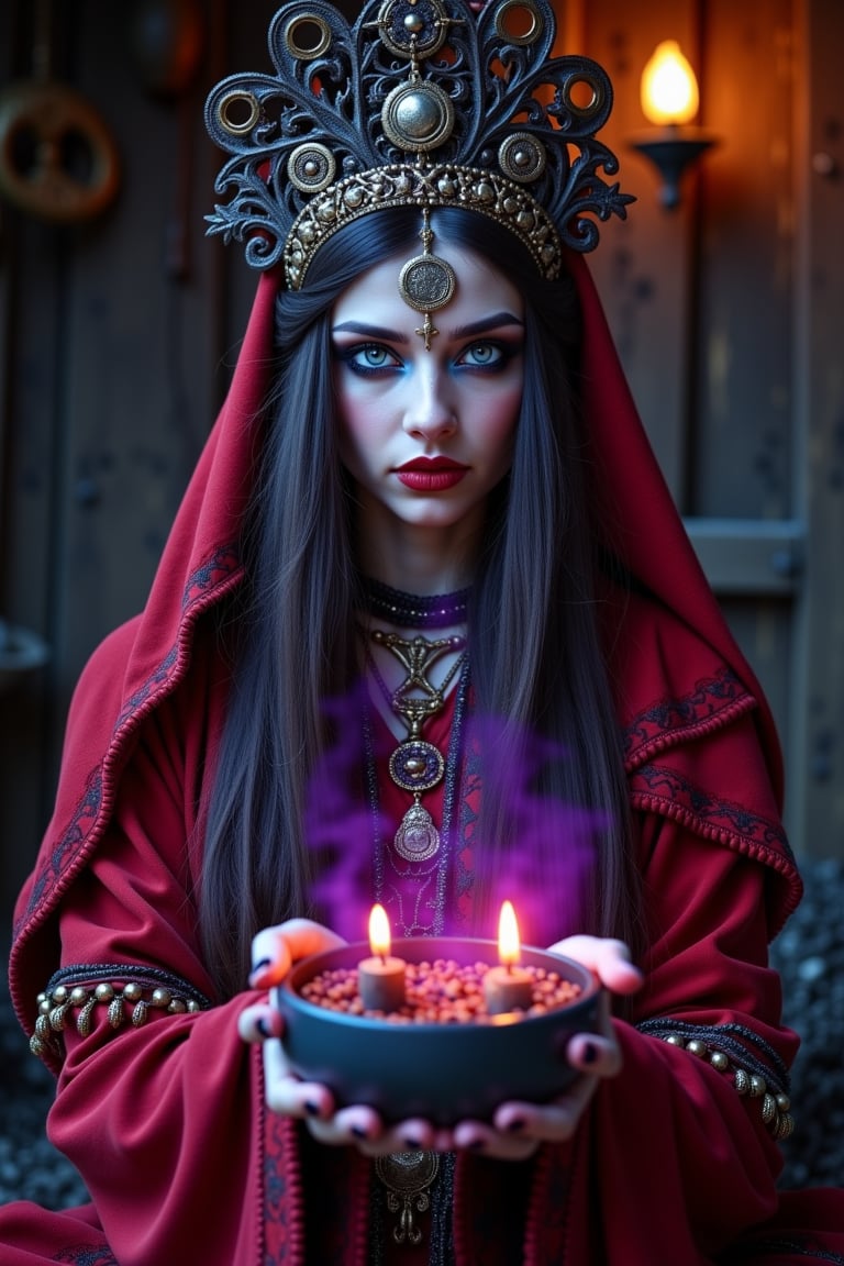 cinematic, a beautiful slavic woman wearing a slavic red outfit with slavic coined hairdress, deep blue eyes, brewing potions in a hut, colors : purple, black, violet and brown, she is hauntingly mysterious and divine, there's an eerie glow in her hands as if power is leaking into her craft, 8k, realistic photography, soft light, 35mm, panavision