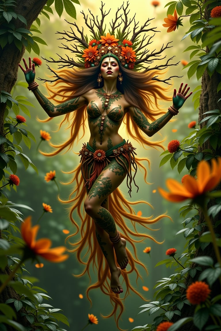 A stunning woman floats amidst lush woods, she's floating in mid-air and has a godly golden glow around her. Her wood-textured skin blends seamlessly with the surroundings as she dons a headdress adorned with branches and flowers. Surrounding her is a verdant explosion of growth, a testament to her mystical powers. Leaves and petals bloom in vibrant hues, framing her ethereal beauty within the 8K photograph, realistic, cinematic, ultra detailed