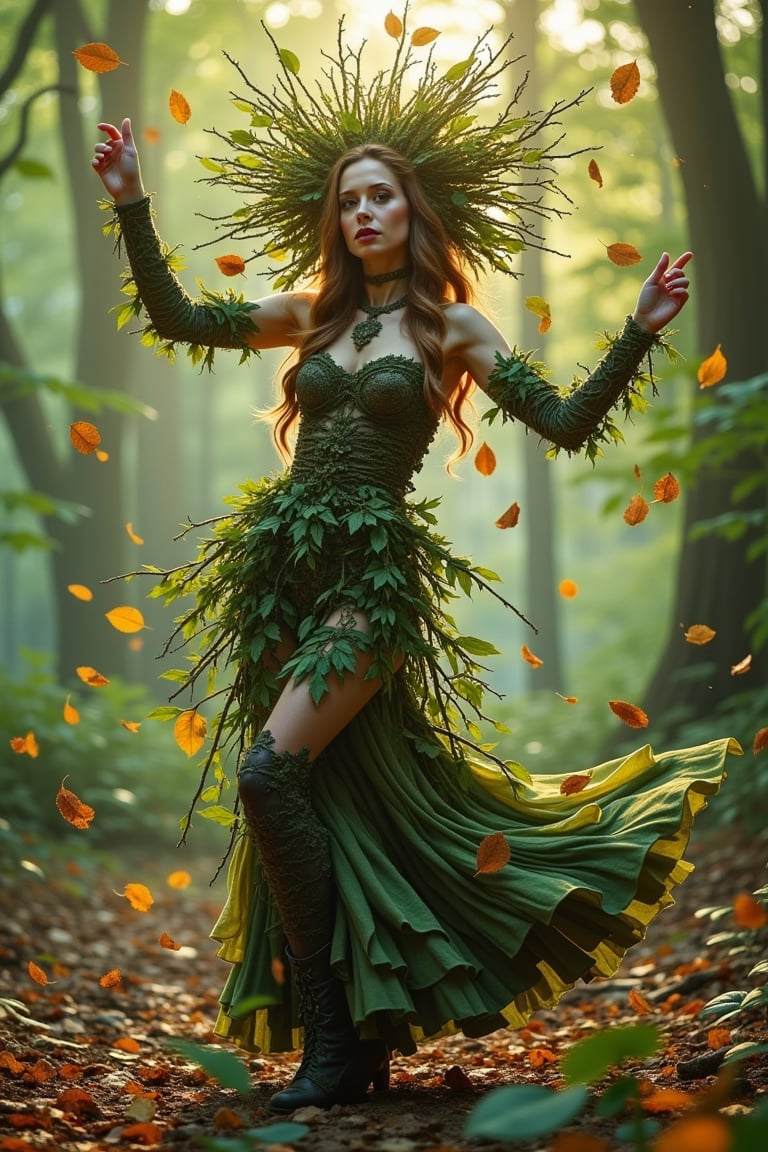 A beautiful magical woman in the woods, dancing gracefully with leaves floating around her. She wears an organic suit made of intertwined branches and leaves, blending seamlessly with the forest. The scene is illuminated by soft, dappled sunlight filtering through the trees, creating a serene and enchanting atmosphere. The composition captures her mid-dance, with the leaves swirling around her, emphasizing her ethereal presence.