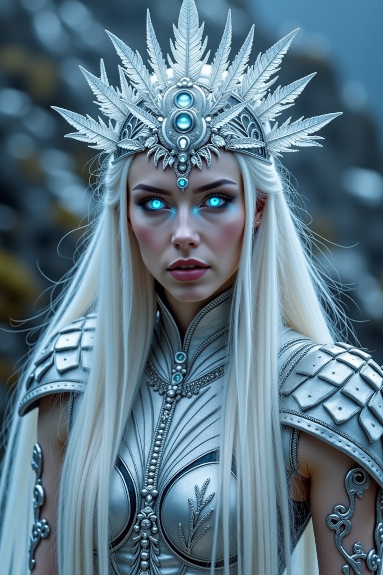 A beautiful woman wearing a silver metallic white futuristic outfit, she's an elementalist, and she is in an invocation circle channeling the power of water, she has big water droplets floating at her will , her eyes are glowing blue, her hair is platinum blonde, she is wearing a silvery headdress and she is in a mountain peak, the elements respond to her , a brewing storm coming with thunder and really black clounds, real photography, 8k, cinematic, highly detailed image