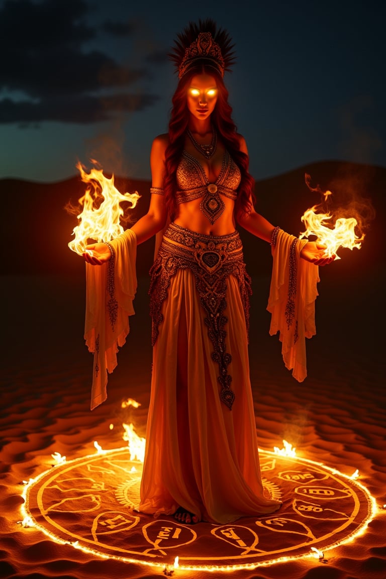 A beautiful woman stands in the desert at night, invoking the fire element. She wears a Middle Eastern exotic outfit with a headdress, her fiery eyes glowing intensely. Flames dance around her, illuminating the entire scene. On the ground, an elemental invocation circle glows with fiery runes. The composition captures her in a powerful, mystical pose, with the night sky and desert landscape providing a dramatic backdrop.