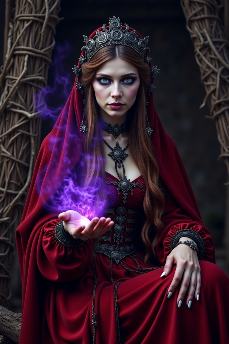 a beautiful slavic woman wearing a slavic red outfit with slavic coined hairdress, deep blue eyes, brewing potions in a hut, colors : purple, black, violet and brown, she is hauntingly mysterious and divine, there's an eerie glow in her hands as if power is leaking into her craft, 8k, realistic photography, cinematic