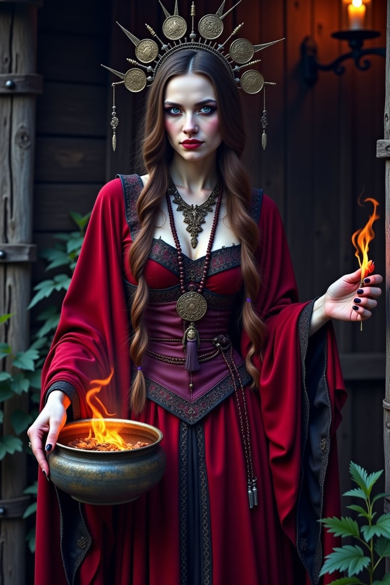 a beautiful slavic woman wearing a slavic red outfit with slavic coined hairdress, deep blue eyes, brewing potions in a hut, colors : purple, black, violet and brown, she is hauntingly mysterious and divine, there's an eerie glow in her hands as if power is leaking into her craft, 8k, realistic photography, cinematic