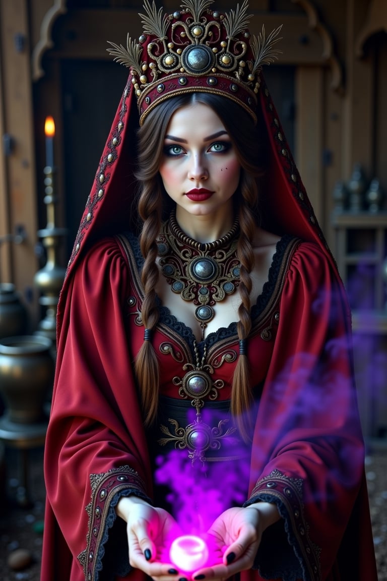 cinematic, a beautiful slavic woman wearing a slavic red outfit with slavic coined hairdress, deep blue eyes, brewing potions in a hut, colors : purple, black, violet and brown, she is hauntingly mysterious and divine, there's an eerie glow in her hands as if power is leaking into her craft, 8k, realistic photography, soft light, 35mm, panavision