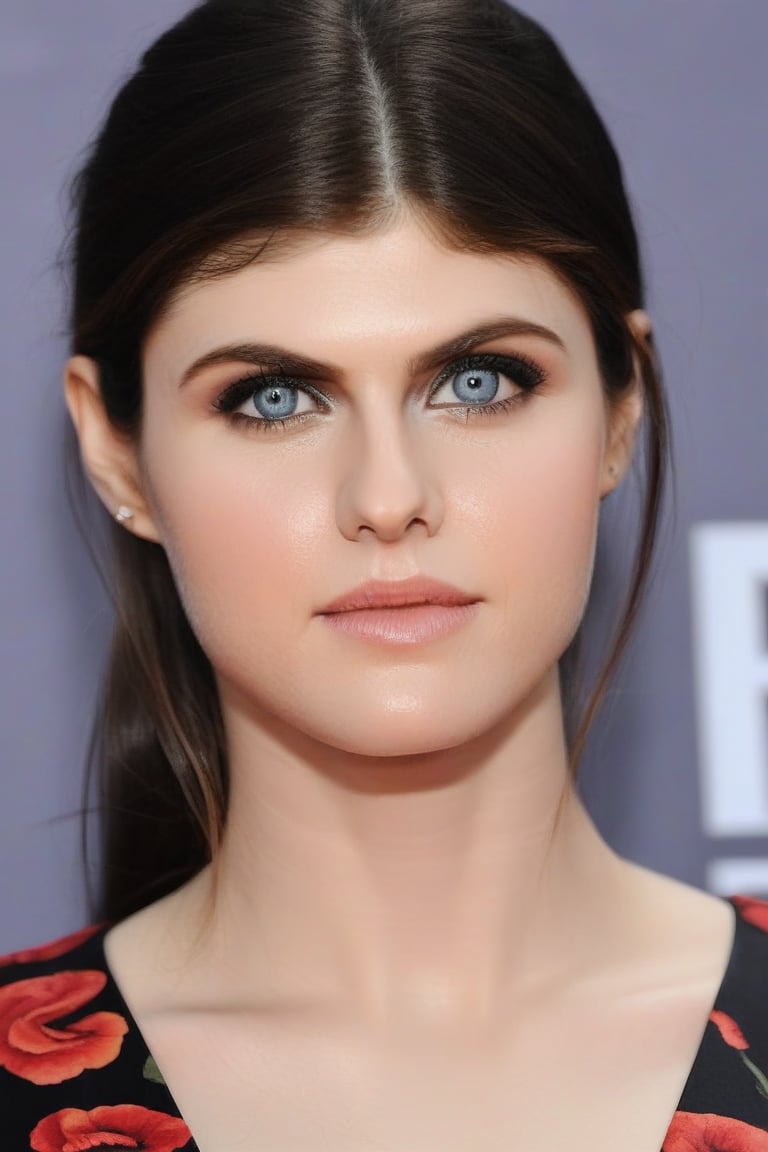 1girl, Alexandra Daddario, hyper realistic, full body, perfect make-up, simple background, dim light, blurry foreground, blurry background, detailed face, perfectly detailed eyes