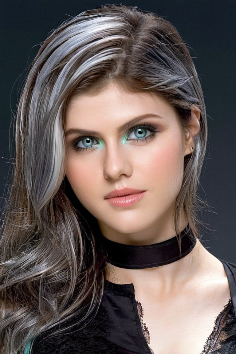 Goth girl, 1girl, solo, long hair, looking at viewer, short hair, ponytail, black lace top, jewelry, blue hair sheen, shiny hair, choker, green eyes, grey background, cross necklace, (hair over one eye), two-tone hair, black clothes with lace trim, Expressive, concept art, detailed background, cute Face, cute Smile, beautiful girl, young girl, realistic model, sexy body, hot body, beautiful face, sexy girl, Alexandra Daddario, young, full body,