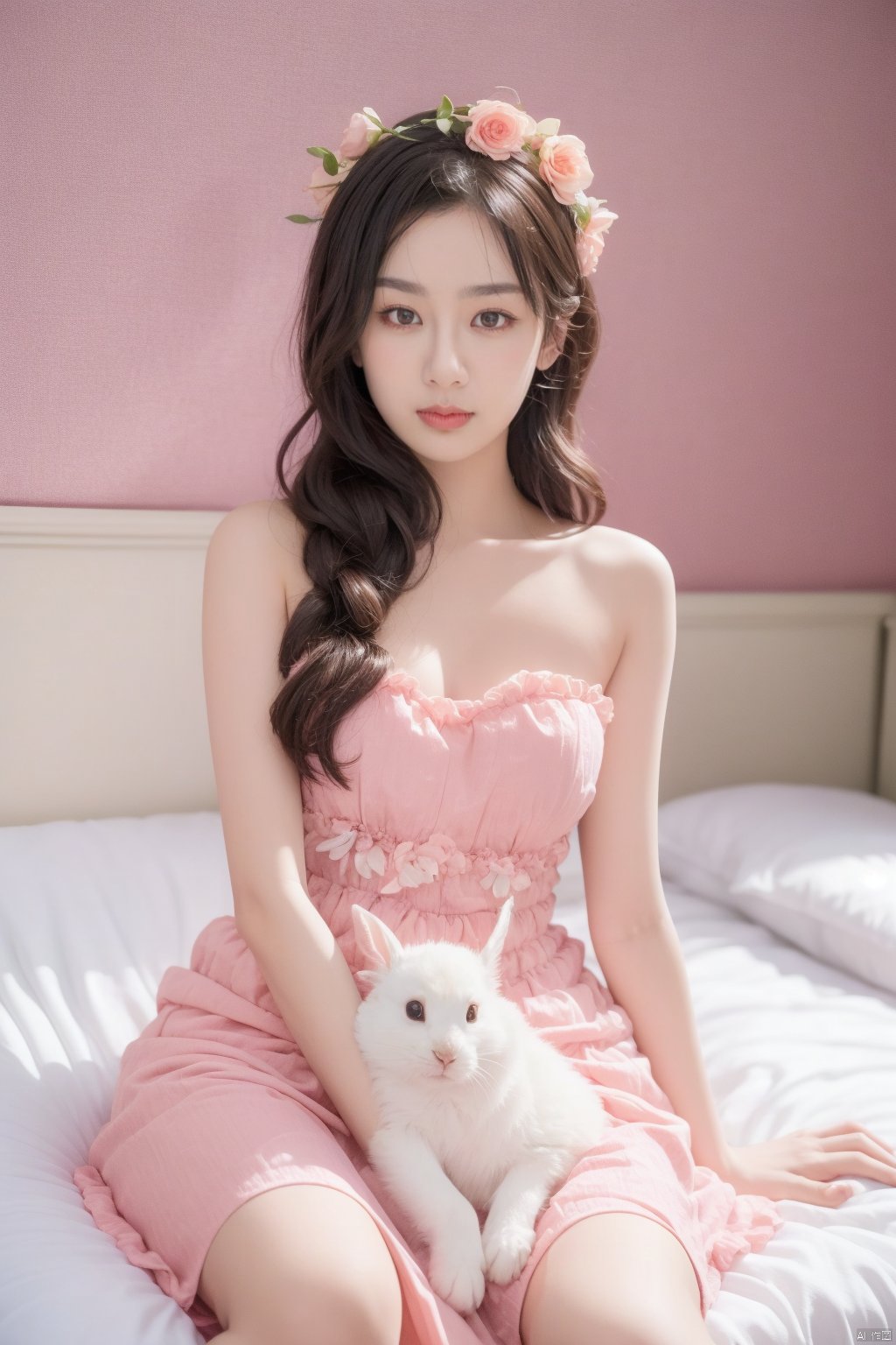 A young Asian woman wearing a flower wreath,a woman,dressed in a white strapless dress,is holding a white rabbit in her left hand. Her right arm is draped in a light pink frock,adorned with a white ribbon. The woman's left arm is positioned in front of a white bed with a pink bedspread on it,adding a touch of color to the scene. The backdrop,a pink wall,is adorned with white windows,creating a stark contrast to the woman's white dress. A chandelier is adorned in the upper right corner of the frame,,,,