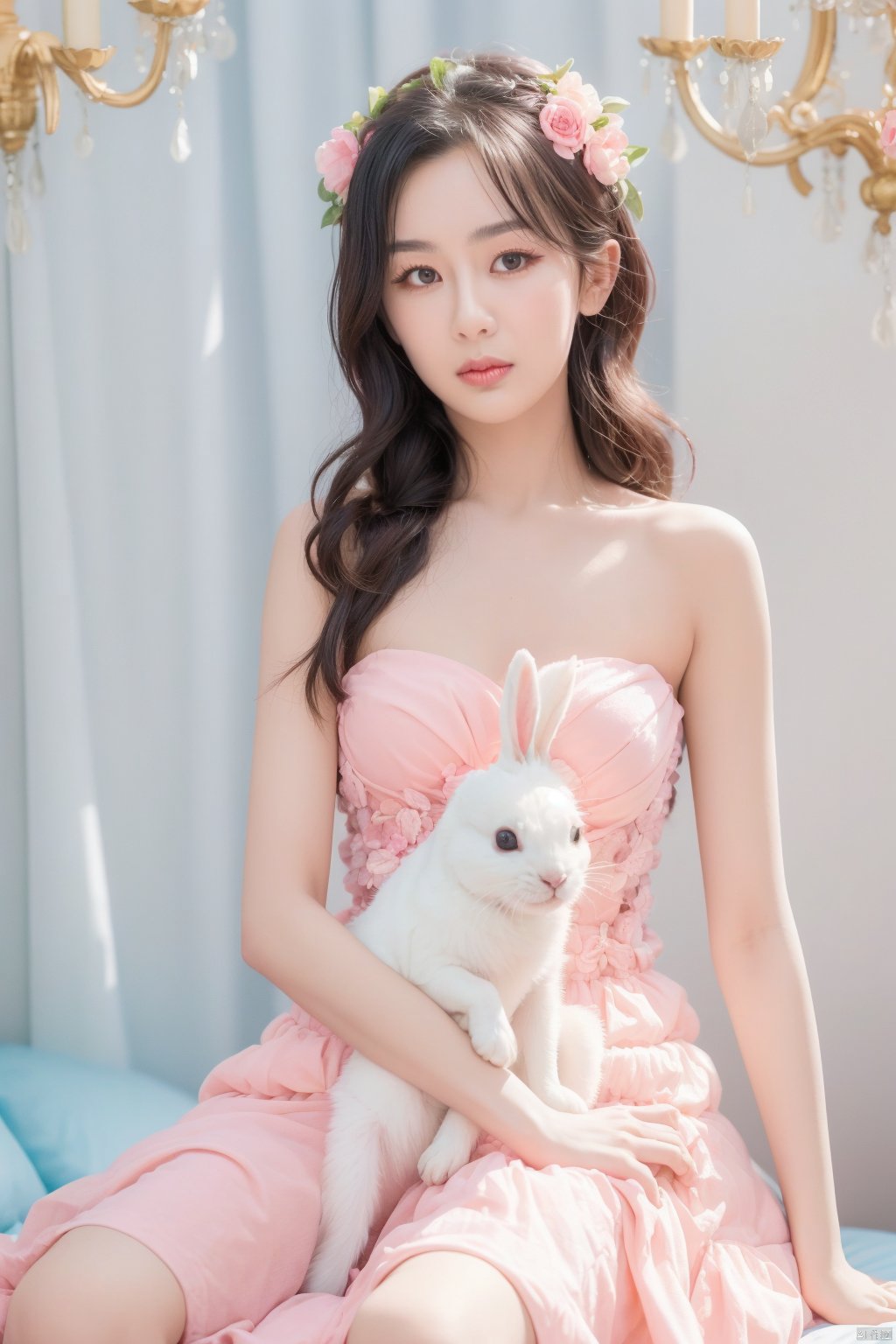 A young Asian woman wearing a flower wreath,a woman,dressed in a white strapless dress,is holding a white rabbit in her left hand. Her right arm is draped in a light pink frock,adorned with a white ribbon. The woman's left arm is positioned in front of a white bed with a pink bedspread on it,adding a touch of color to the scene. The backdrop,a pink wall,is adorned with white windows,creating a stark contrast to the woman's white dress. A chandelier is adorned in the upper right corner of the frame,,,,