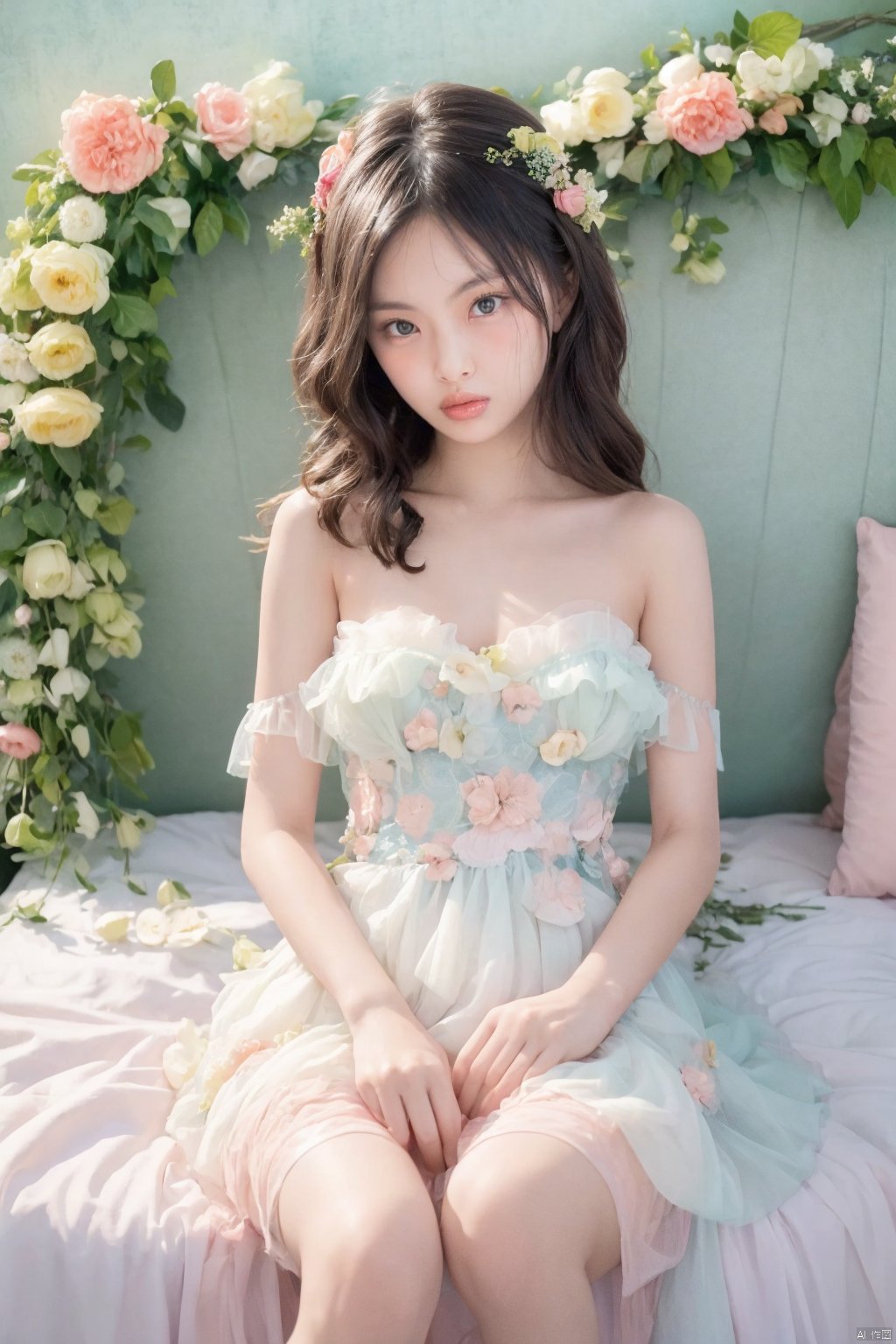 A young Asian woman wearing a flower wreath,a woman,dressed in a white strapless dress,there's a fluffy kitten next to it,Her right arm is draped in a light pink frock,adorned with a white ribbon. The woman's left arm is positioned in front of a white bed with a pink bedspread on it,adding a touch of color to the scene. The backdrop,a pink wall,is adorned with white windows,creating a stark contrast to the woman's white dress. A chandelier is adorned in the upper right corner of the frame,,,,