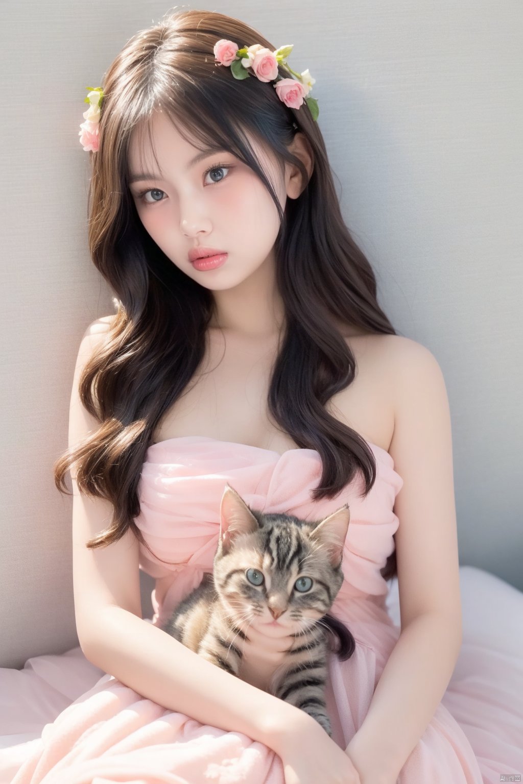 A young Asian woman wearing a flower wreath,a woman,dressed in a white strapless dress,there's a fluffy kitten next to it,Her right arm is draped in a light pink frock,adorned with a white ribbon. The woman's left arm is positioned in front of a white bed with a pink bedspread on it,adding a touch of color to the scene. The backdrop,a pink wall,is adorned with white windows,creating a stark contrast to the woman's white dress. A chandelier is adorned in the upper right corner of the frame, ((poakl))