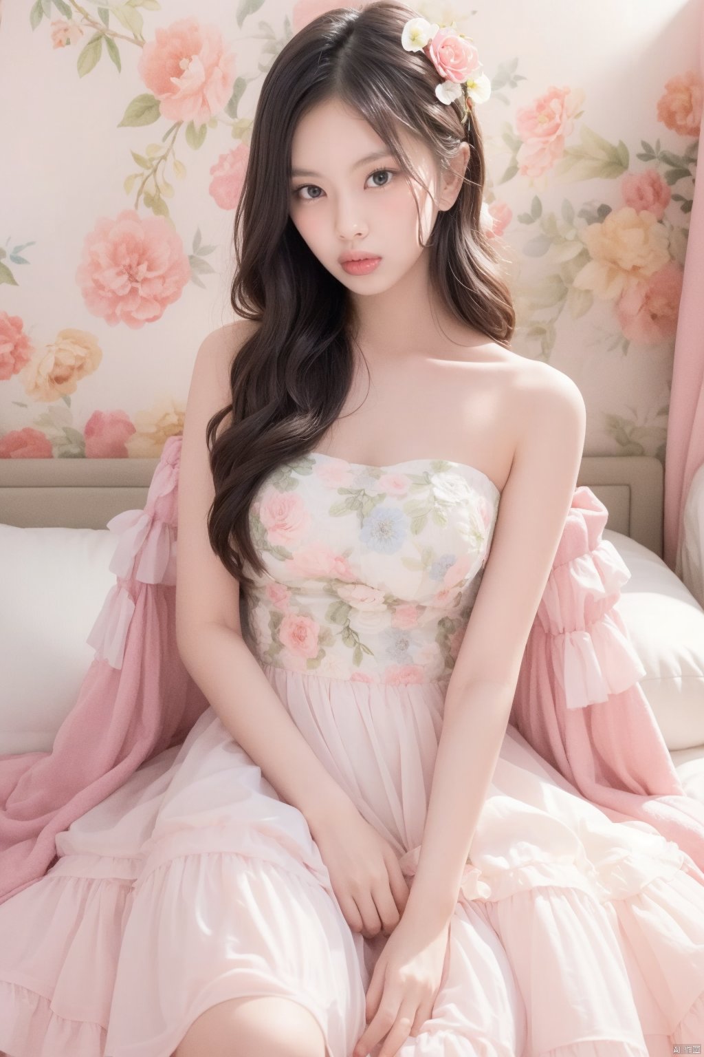 A young Asian woman wearing a flower wreath,a woman,dressed in a white strapless dress,there's a fluffy kitten next to it,Her right arm is draped in a light pink frock,adorned with a white ribbon. The woman's left arm is positioned in front of a white bed with a pink bedspread on it,adding a touch of color to the scene. The backdrop,a pink wall,is adorned with white windows,creating a stark contrast to the woman's white dress. A chandelier is adorned in the upper right corner of the frame,,,,