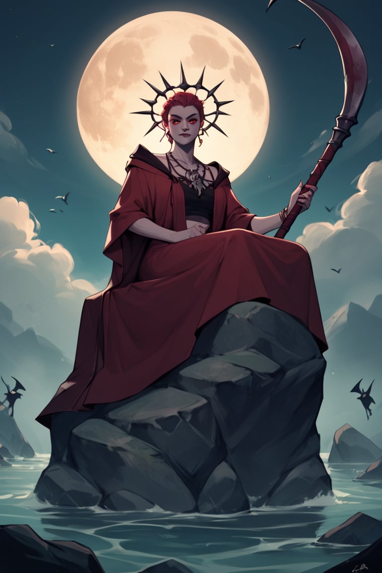 score_9, score_8_up, score_7_up, score_6_up, A grim reaper in a flowing red robe sits on a rocky outcrop by a body of water, holding a massive scythe. face is hidden, adding to the mystery. A massive full moon with a reddish glow illuminates the scene, casting eerie light across swirling red and black clouds. The moonlight reflects off the water, disturbed by sea of floating human skulls. Birds fly toward the moon, adding movement. The image is rich in contrast with dramatic lighting, enhancing the dark, foreboding atmosphere, , , 