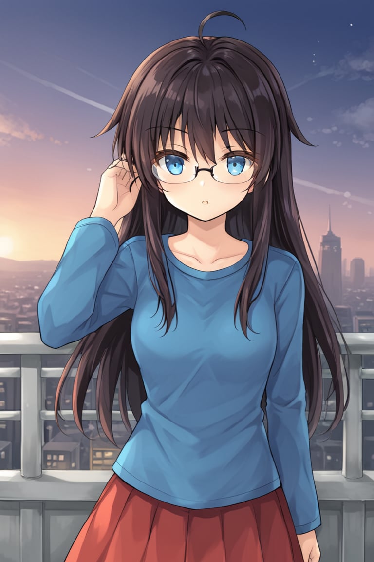 1girl, solo, dtharuna, black hair, long hair, ahoge, blue eyes, eyewear, glasses, blue shirt, long sleeves, red skirt, miniskirt, cowboy shot, standing, outdoors, cityscape, hand on hair, parted lips,