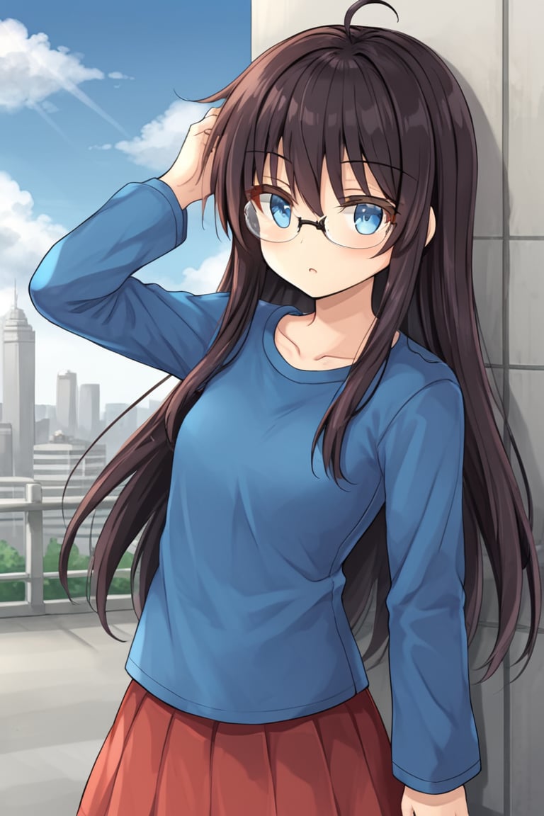 1girl, solo, dtharuna, black hair, long hair, ahoge, blue eyes, eyewear, glasses, blue shirt, long sleeves, red skirt, miniskirt, cowboy shot, standing, outdoors, cityscape, hand on hair, parted lips,