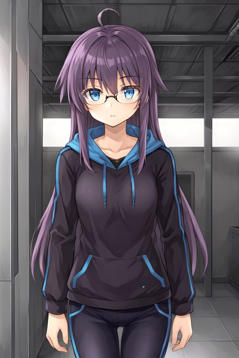 1girl, solo, dtharuna, purple hair, long hair, ahoge, blue eyes, eyewear, glasses, black shirt, long sleeves, hoodie, dark blue pants, cowboy shot, standing, indoors, futuristic room, parted lips