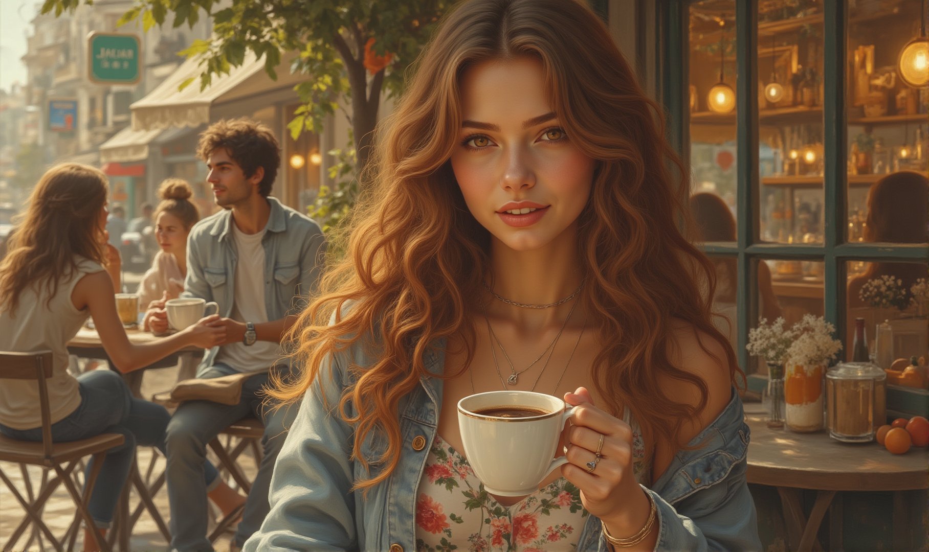 A charming café on a bustling street corner serves as the backdrop for a young woman with wavy chestnut brown hair and warm hazel eyes. She wears a casual floral dress and a denim jacket, her relaxed smile inviting as she sips a cup of coffee. Around her, people pass by, while others sit at small outdoor tables enjoying their drinks. The late afternoon sunlight casts long shadows, creating a warm and inviting atmosphere. Mid art.