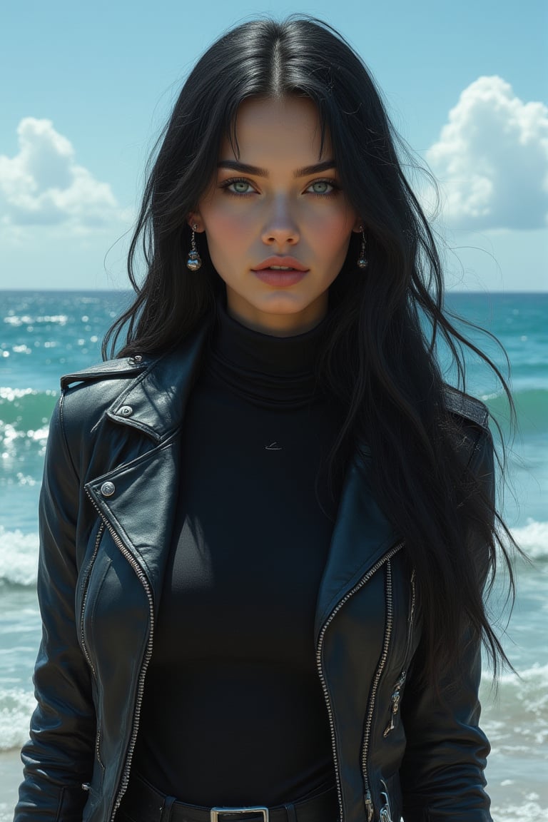 A beautiful woman with long black hair and striking blue eyes stands in front of a calm ocean, the waves gently rolling behind her. She wears a sleek leather jacket, adding a bold edge to her look. Underneath, a fitted black turtleneck complements her confident demeanor. Silver pearl earrings dangle from her ears, catching the light. Her black hair cascades over her shoulders, framing her face as the soft blue sky with a few wispy clouds merges with the tranquil sea in the background. Mid art.