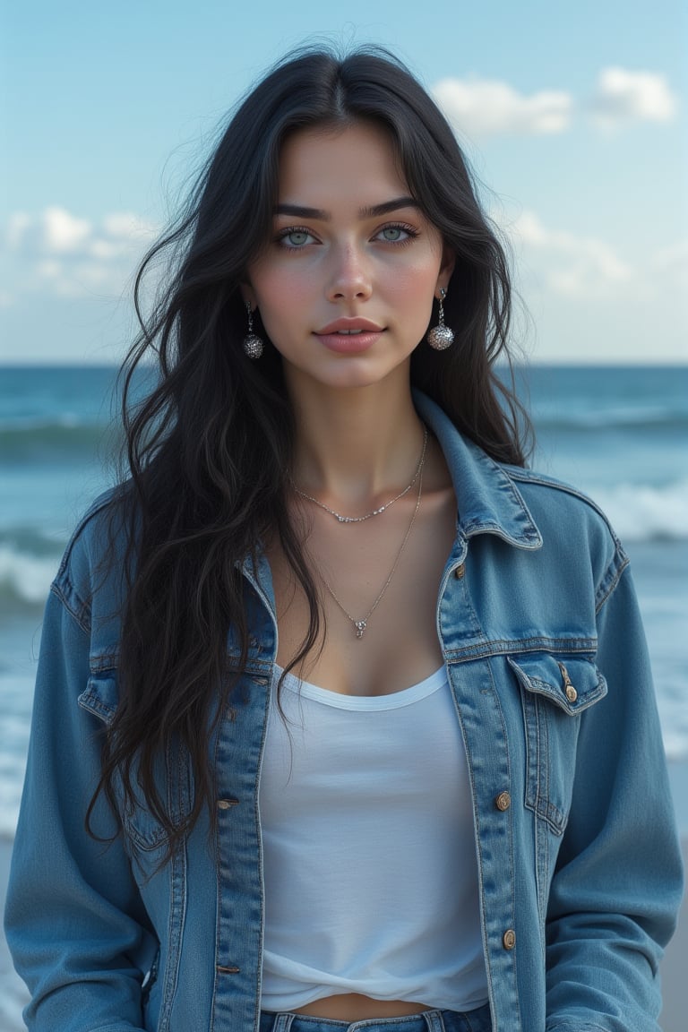 A beautiful woman with long black hair and striking blue eyes stands in front of a calm ocean, the waves gently rolling behind her. She wears a casual denim jacket paired with a simple white t-shirt, giving her a laid-back, effortless style. The outfit enhances her natural beauty, blending simplicity with the tranquility of the setting. Silver pearl earrings dangle from her ears, catching the light. Her black hair cascades over her shoulders, framing her face as the soft blue sky with a few wispy clouds merges with the tranquil sea in the background. Mid art.