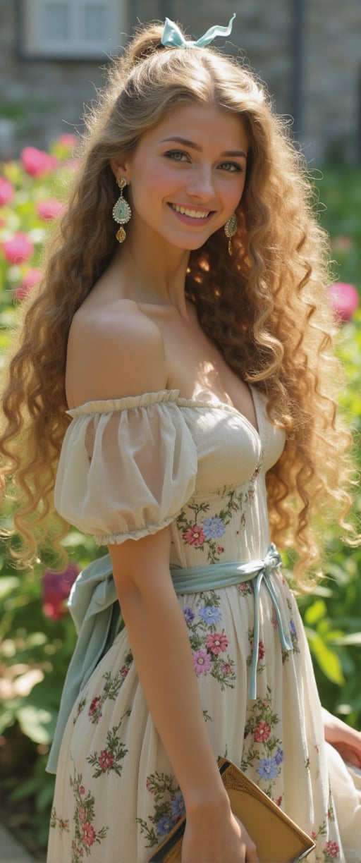 A smiling elf woman in the garden of a castle in another world. She is mid-chested and has long golden hair tied into a ponytail with a light blue ribbon tied at the end of her hair. The camera captures her entire body, and the background is blurred, showing the colorful flowers in soft hues. She is wearing an elegant dress with fine floral embroidery and a fluttery skirt. Large jewel earrings sparkle in her ears, and small golden flowers adorn her hair. In her hand was a small book, the pages waving in the wind. ,ct-arix,ct-biskitity