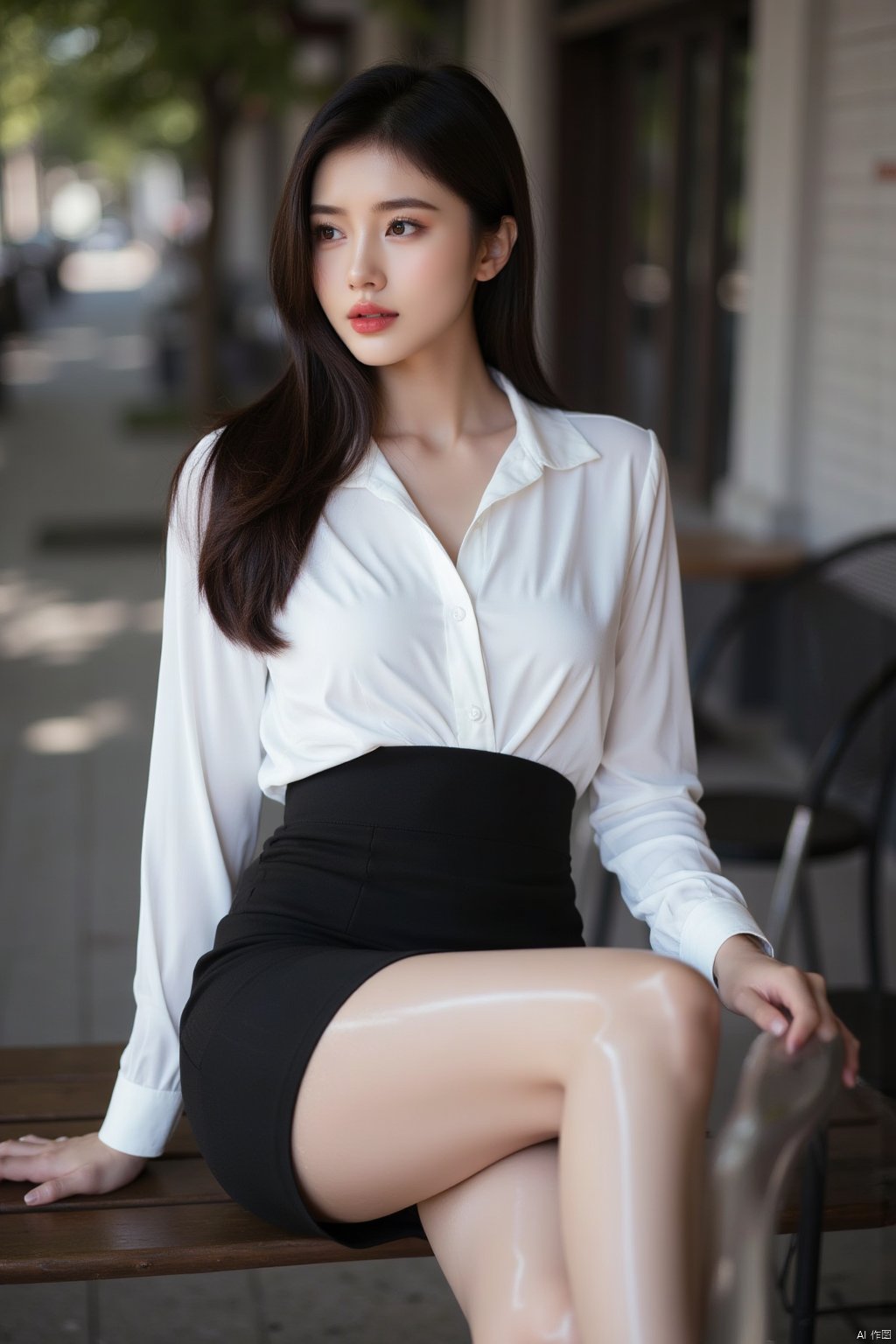 ((white stockings)),realistic,shiny skin, shiny, Shiny ,Huge breasts
Brunette, skirt, long hair, sitting, looking at audience, blurred, shirt, blurred background, white shirt, outdoors, real location, black high-waisted dress, realistic, red lips, lips, dark eyes, long sleeves, brown eyes, black high heels, legs in focus
