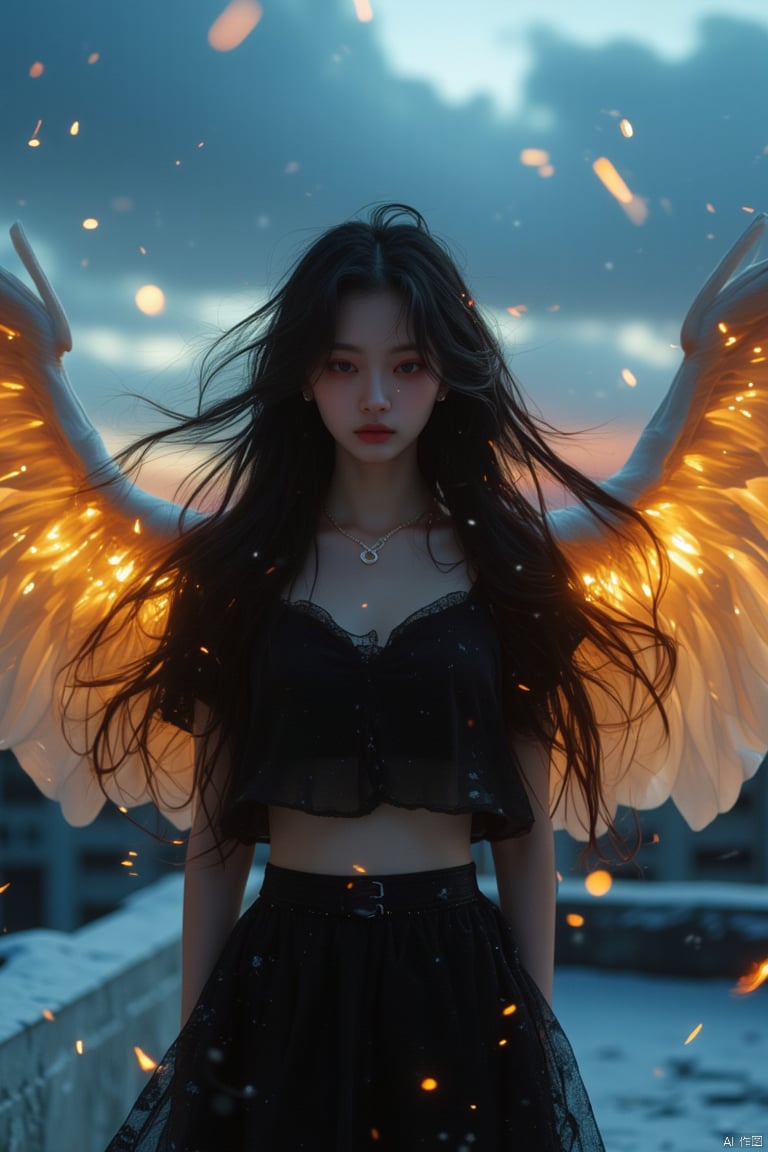 A winged goddess girl,snow.,luoxue,Frontal photography,Look front,evening,dark clouds,the setting sun,On the city rooftop,A 20 year old female,Black top,Black Leggings,black hair,long hair, dark theme, muted tones, pastel colors, high contrast, (natural skin texture, A dim light, high clarity) ((sky background))((Facial highlights)),