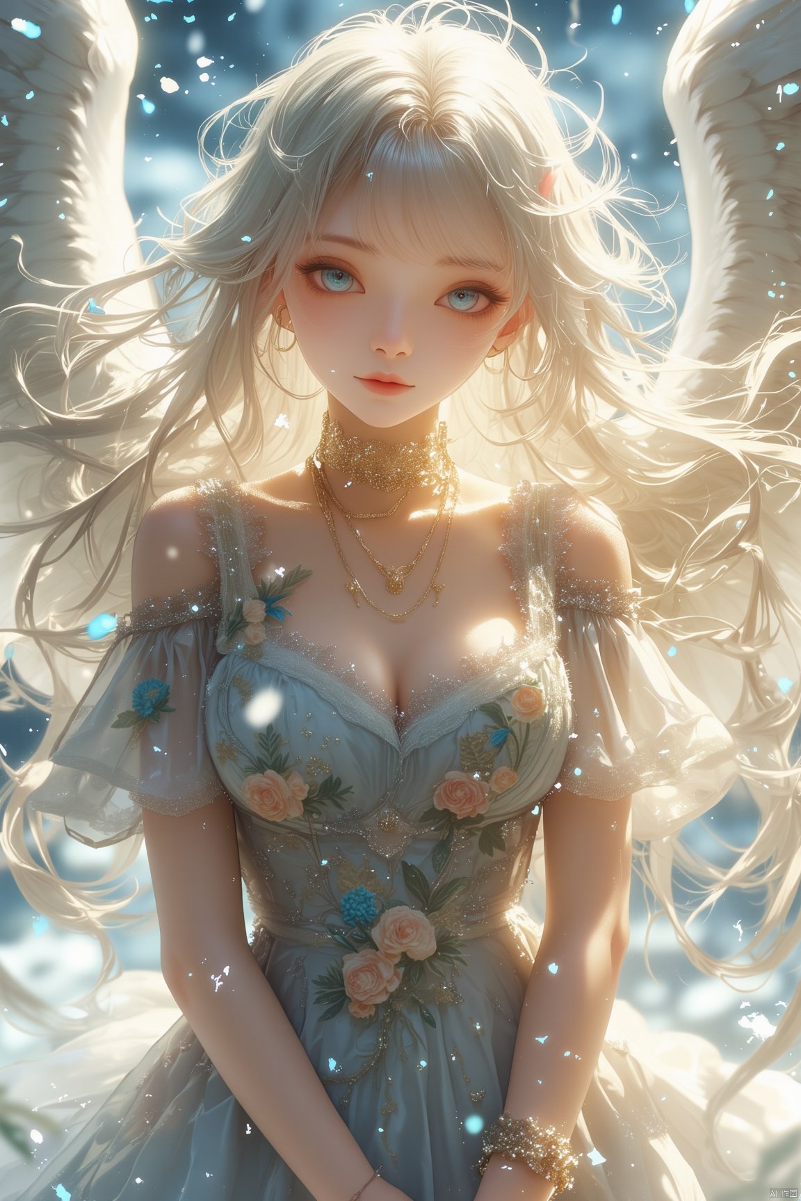 A winged goddess girl,snowy,luoxue,a young asian woman,bare shoulders, blue eyes, bracelet, breasts, cleavage, dress, earrings, floral print, jewelry, long hair, looking at viewer, medium breasts, necklace, solo, very long hair, white hair