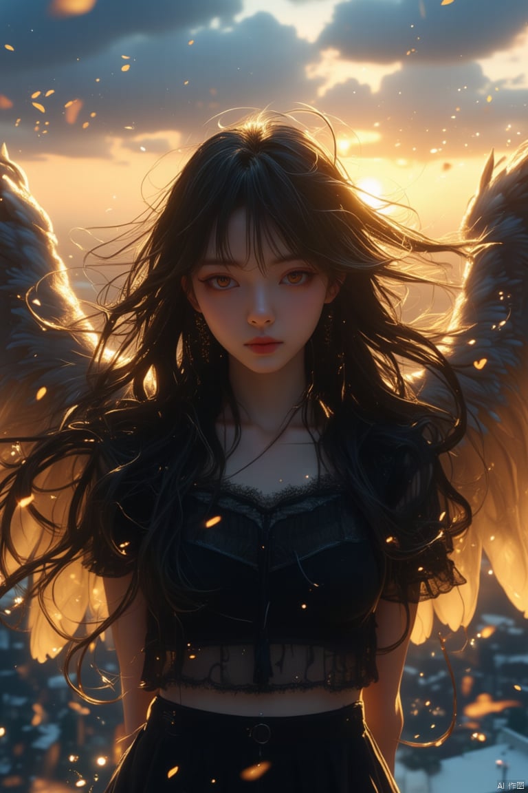 A winged goddess girl,snow.,luoxue,Frontal photography,Look front,evening,dark clouds,the setting sun,On the city rooftop,A 20 year old female,Black top,Black Leggings,black hair,long hair, dark theme, muted tones, pastel colors, high contrast, (natural skin texture, A dim light, high clarity) ((sky background))((Facial highlights)),