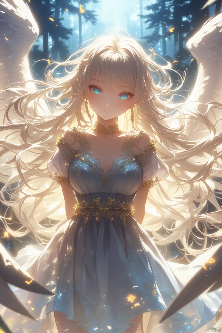 A winged goddess girl,snowy,luoxue,a young asian woman,bare shoulders, blue eyes, bracelet, breasts, cleavage, dress, earrings, floral print, jewelry, long hair, looking at viewer, medium breasts, necklace, solo, very long hair, white hair