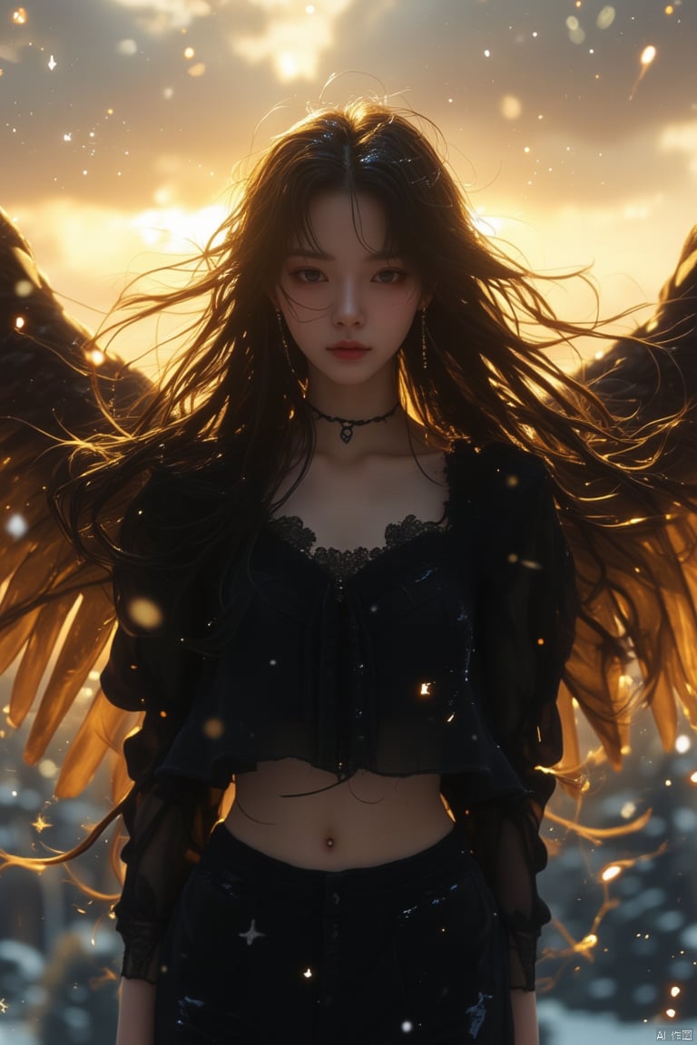 A winged goddess girl,snow.,luoxue,Frontal photography,Look front,evening,dark clouds,the setting sun,On the city rooftop,A 20 year old female,Black top,Black Leggings,black hair,long hair, dark theme, muted tones, pastel colors, high contrast, (natural skin texture, A dim light, high clarity) ((sky background))((Facial highlights)),