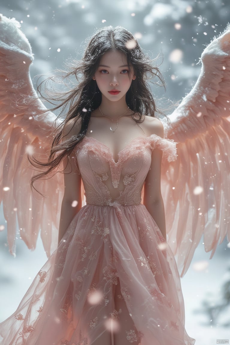 snow,luoxue,A winged goddess girl,a woman,(gray background),(8k, RAW photo, best quality, masterpiece:1.2),(realistic, photo-realistic:1.2)(raw photo) (extremely detailed CG unity 8k wallpaper) detailed and intricate,original,highres,(1girl)(solo)(looking at viewer)(pink dress)see-through,crop top,midriff,(large breasts)sex pose,(cowboy shot),(standing, from below,clothes in front:1.2) beautiful concept illustration,(cleavage_cutout),