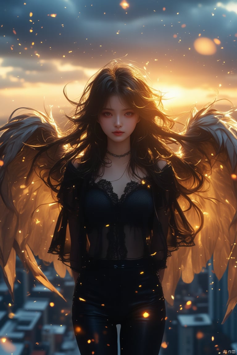 A winged goddess girl,snow.,luoxue,Frontal photography,Look front,evening,dark clouds,the setting sun,On the city rooftop,A 20 year old female,Black top,Black Leggings,black hair,long hair, dark theme, muted tones, pastel colors, high contrast, (natural skin texture, A dim light, high clarity) ((sky background))((Facial highlights)),