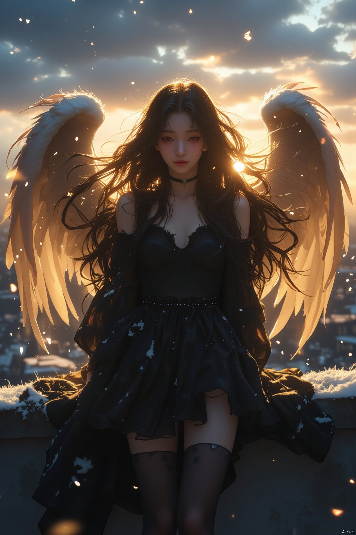 A winged goddess girl,snow.,luoxue,Frontal photography,Look front,evening,dark clouds,the setting sun,On the city rooftop,A 20 year old female,Black top,Black Leggings,black hair,long hair, dark theme, muted tones, pastel colors, high contrast, (natural skin texture, A dim light, high clarity) ((sky background))((Facial highlights)),