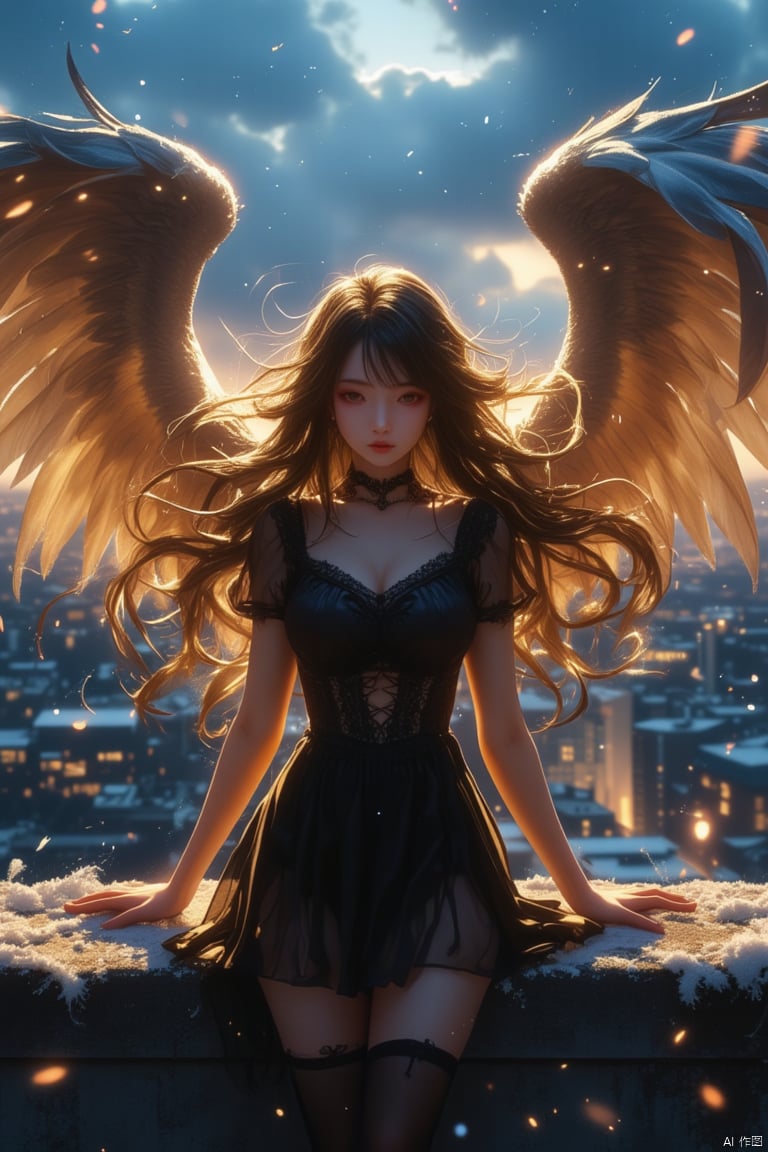 A winged goddess girl,snow.,luoxue,Frontal photography,Look front,evening,dark clouds,the setting sun,On the city rooftop,A 20 year old female,Black top,Black Leggings,black hair,long hair, dark theme, muted tones, pastel colors, high contrast, (natural skin texture, A dim light, high clarity) ((sky background))((Facial highlights)),