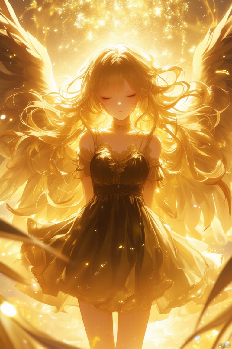 A winged goddess girl,luoxue,snowy,1girl, long hair, dress, solo, wings, yellow theme, blonde hair, feathered wings, bare shoulders, arms behind back, facing viewer, glowing, light particles, floating hair, closed mouth, standing, bangs, off-shoulder dress, black dress, (\shen ming shao nv\)