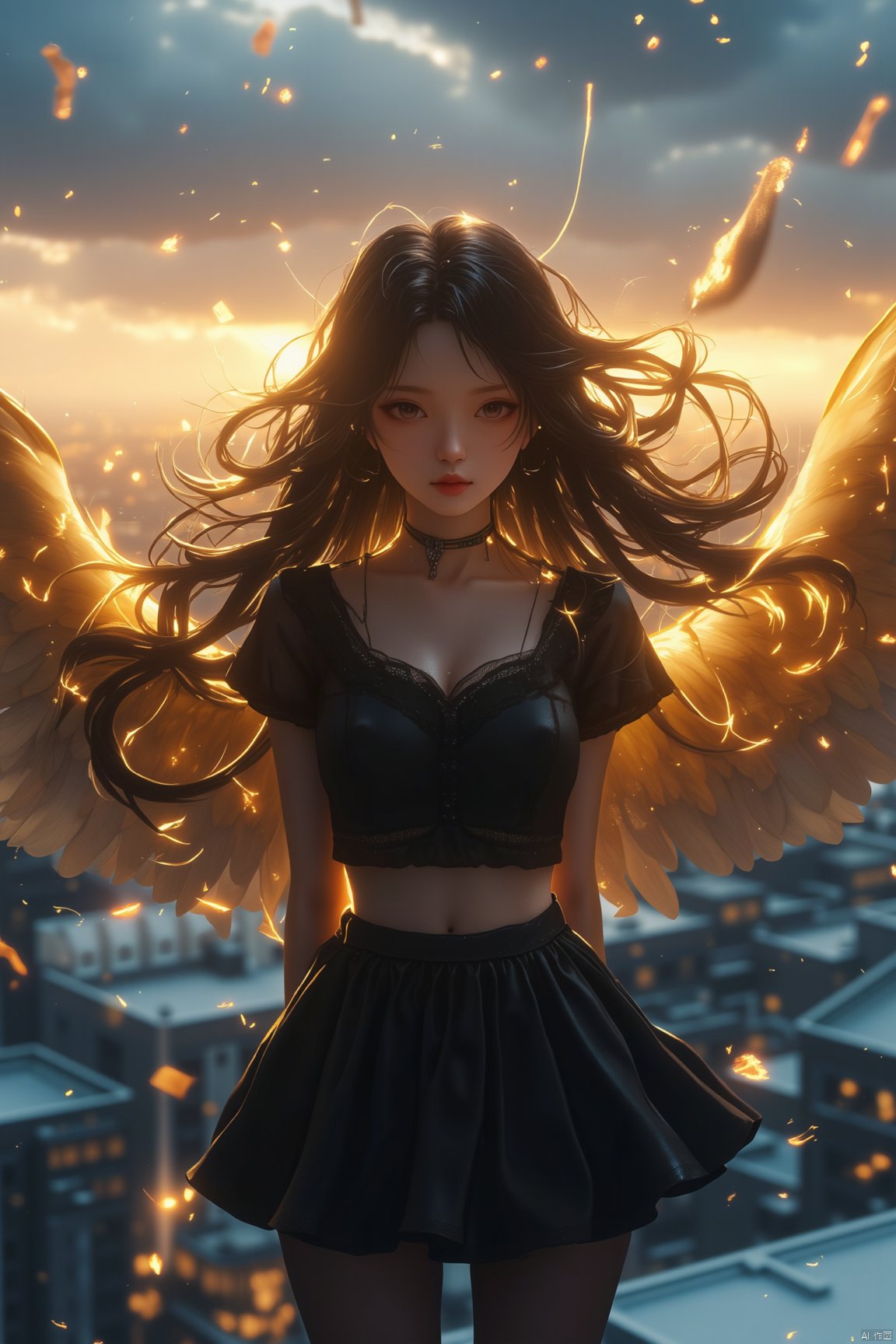 A winged goddess girl,snow.,luoxue,Frontal photography,Look front,evening,dark clouds,the setting sun,On the city rooftop,A 20 year old female,Black top,Black Leggings,black hair,long hair, dark theme, muted tones, pastel colors, high contrast, (natural skin texture, A dim light, high clarity) ((sky background))((Facial highlights)),