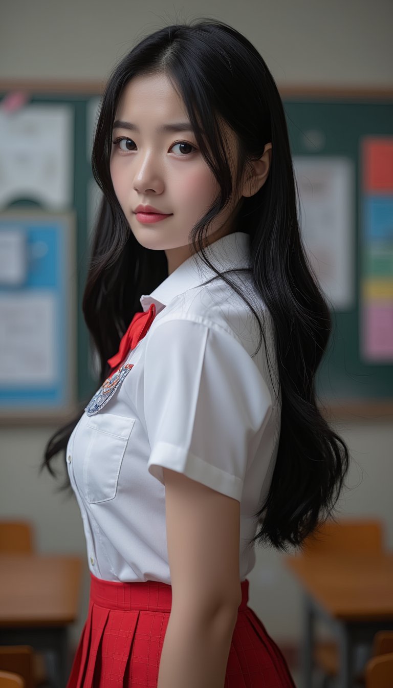 Ultra-realistic masterpiece of a schoolgirl stands confidently in front of a cluttered classroom, her black hair cascading down her back like a waterfall. Her eyes sparkle with innocence as she gazes directly at the viewer, wearing a crisp white blouse and a bright red miniskirt, the fabric subtly textured to resemble actual fibers. The highest level of detail has been achieved in every aspect of this stunning portrait, from the delicate folds on her uniform to the individual strands of hair framing her heart-shaped face.