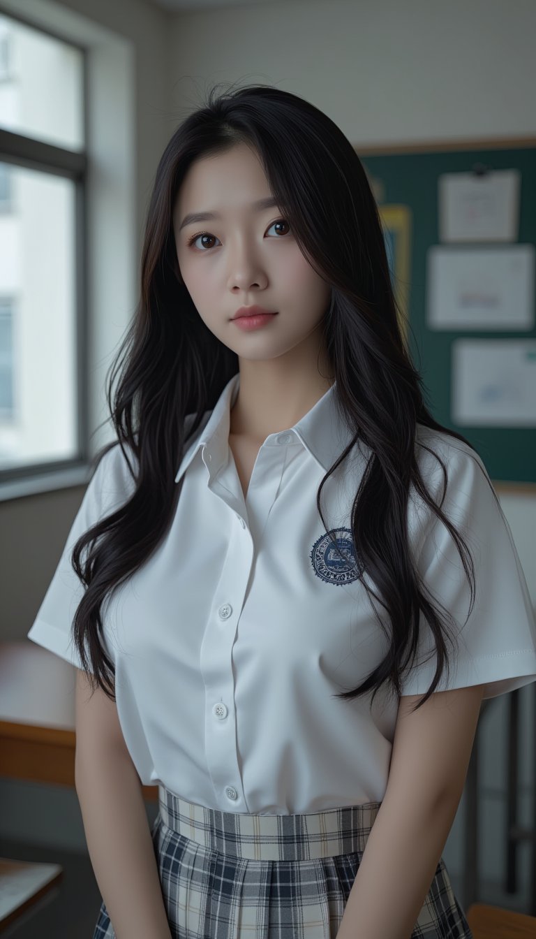 Ultra-realistic masterpiece of a schoolgirl stands confidently in front of a cluttered classroom, her black hair cascading down her back like a waterfall. Her eyes sparkle with innocence as she gazes directly at the viewer, wearing a crisp white blouse and a miniskirt, the fabric subtly textured to resemble actual fibers. The highest level of detail has been achieved in every aspect of this stunning portrait, from the delicate folds on her uniform to the individual strands of hair framing her heart-shaped face.