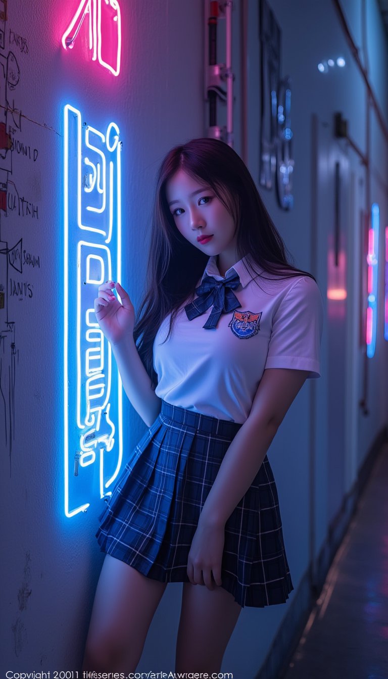 (masterpiece, realistic, best quality, ultra detailed), Stunning asian girl, (1girl), cute, extreme detailed,(black_hair), highest detailed, facing_viewer, lightning, school uniform, miniskirt, long hair, school uniform, text "Asian School Girl" on Neon Box