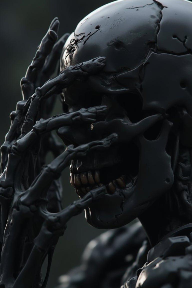 A close-up shot of a matte polycarbonate surface reflecting a skeletal figure. The bones are stark and detailed, contrasting with the smooth, reflective material. The lighting is stark and cold, casting sharp shadows. The composition is tight, focusing on the skeletal structure and the eerie reflection.