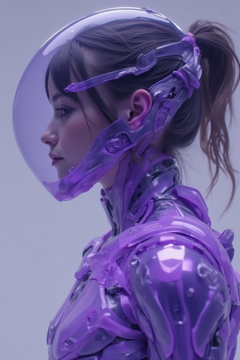 A close-up shot of a matte polycarbonate surface reflecting a translucent, purple armoured suit worn by a girl. The suit's intricate details and vibrant purple hue blend seamlessly with the reflective material. The lighting is soft and ethereal, highlighting the translucent elements and casting subtle shadows. The composition is centered, focusing on the girl's form within the armoured suit and the smooth, reflective surface.