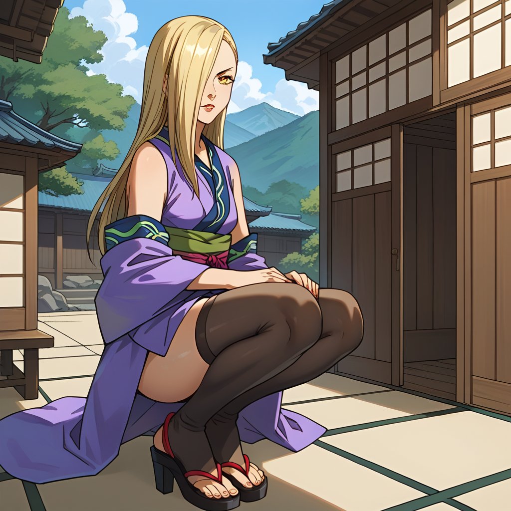 score_9, score_8_up,score_7_up, source_anime, Solo,  1girl, Hyakurin2VXL, hair cover one eye,blond hair, high heels,sandals,thigh highs,yellow eyes,short kimono,sash, long hair, indoor, japanese house,portrait, dynamic pose, portrait,sitting  or squatting  or resting,