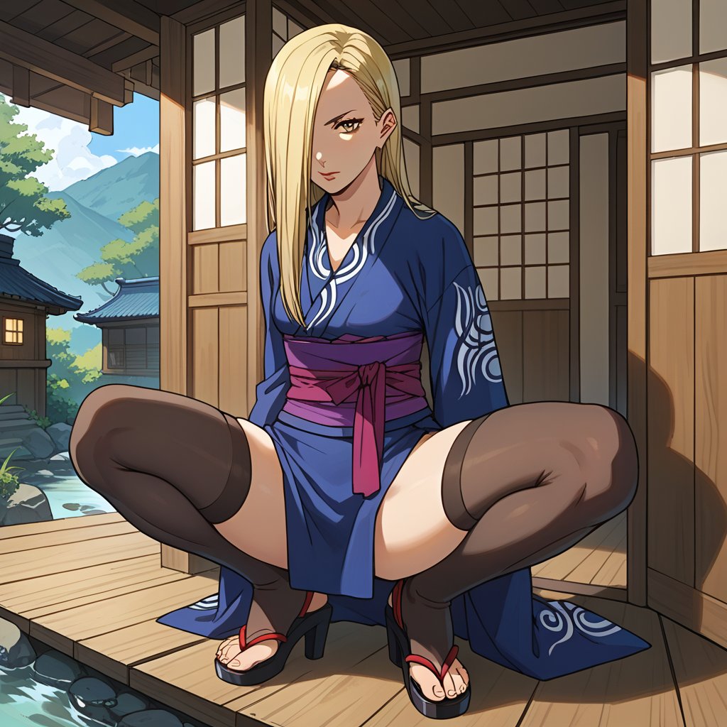 score_9, score_8_up,score_7_up, source_anime, Solo,  1girl, Hyakurin2VXL, hair cover one eye,blond hair, high heels,sandals,thigh highs,yellow eyes,short kimono,sash, long hair, indoor, japanese house,portrait, dynamic pose, portrait,sitting  or squatting  or resting,