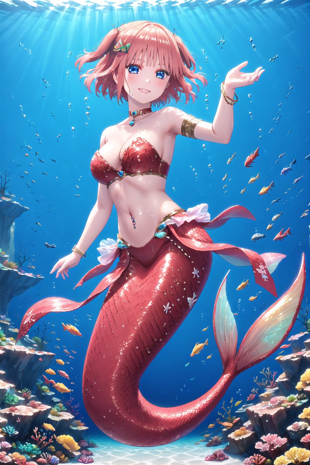 1girl, solo, cowboy shot, short hair,  pink hair, blue eyes, smile, butterfly hair ornament, navel piercing, bracelets, armlet, heart choker,glitter,shiny,Mermaid,Full body,Underwater,Scales,nino nakano