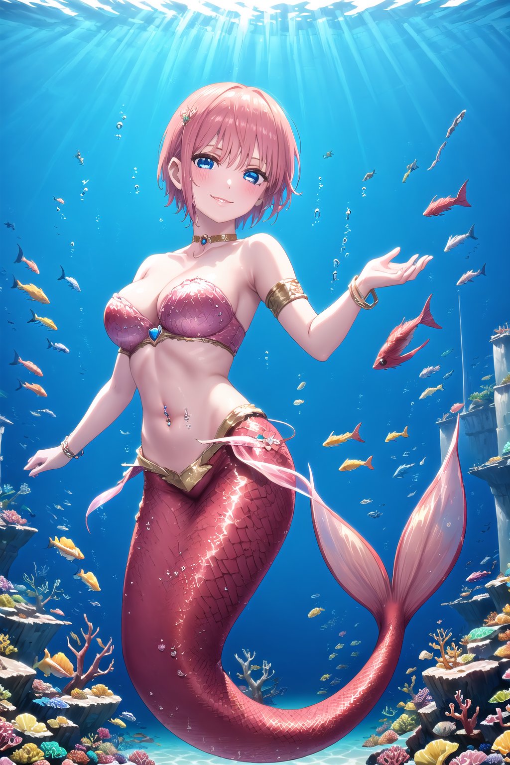 1girl, solo, short hair,  pink hair, blue eyes, smile, navel piercing, bracelets, armlet, heart choker,glitter,shiny,Mermaid,Full body,Underwater,Scales,ichika nakano