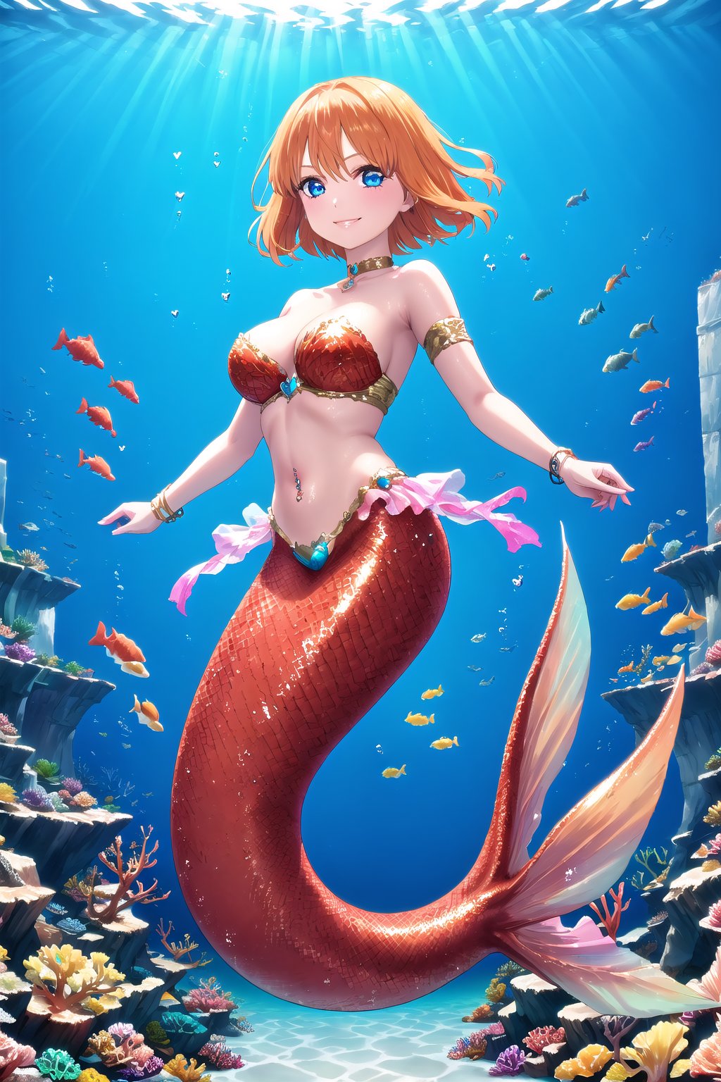 1girl, solo, short hair,  orange hair, blue eyes, smile, hair ribbon, navel piercing, bracelets, armlet, heart choker,glitter,shiny,Mermaid,Full body,Underwater,Scales,yotsuba nakano