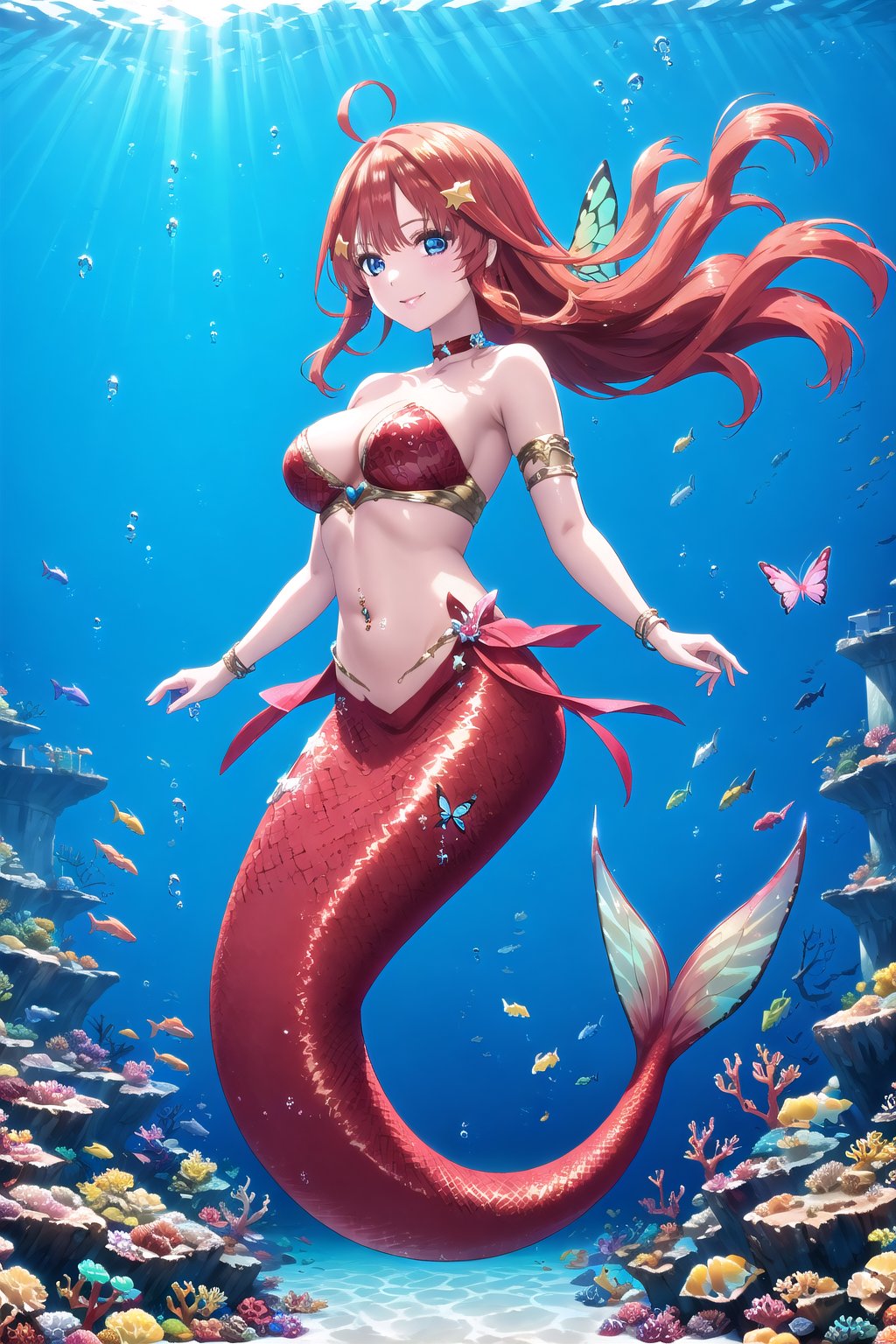 1girl, solo, long hair, red hair, bangs,star hair ornament, smile, blue eyes, butterfly hair ornament, ahoge, navel piercing, bracelets, armlet, heart choker,glitter,shiny,Mermaid,Full body,Underwater,Scales, itsuki nakano