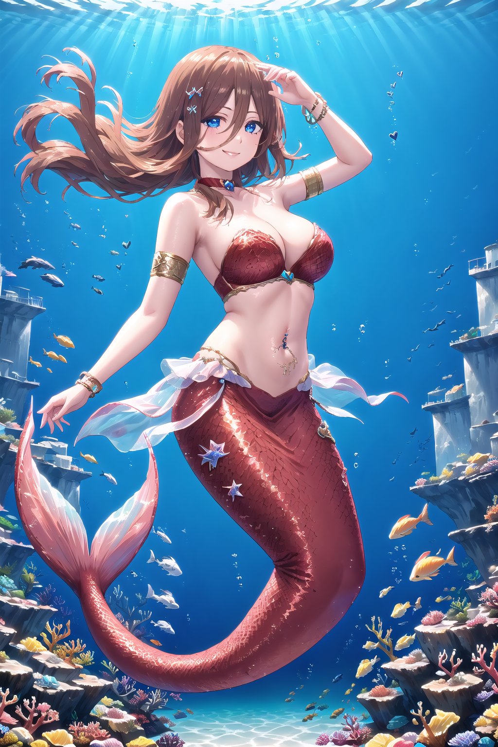 1girl, solo, long hair,  brown hair, hair between eyes, smile, blue eyes, navel piercing, bracelets, armlet, heart choker,glitter,shiny,Mermaid,Full body,Underwater,Scales,nino nakano,miku nakano