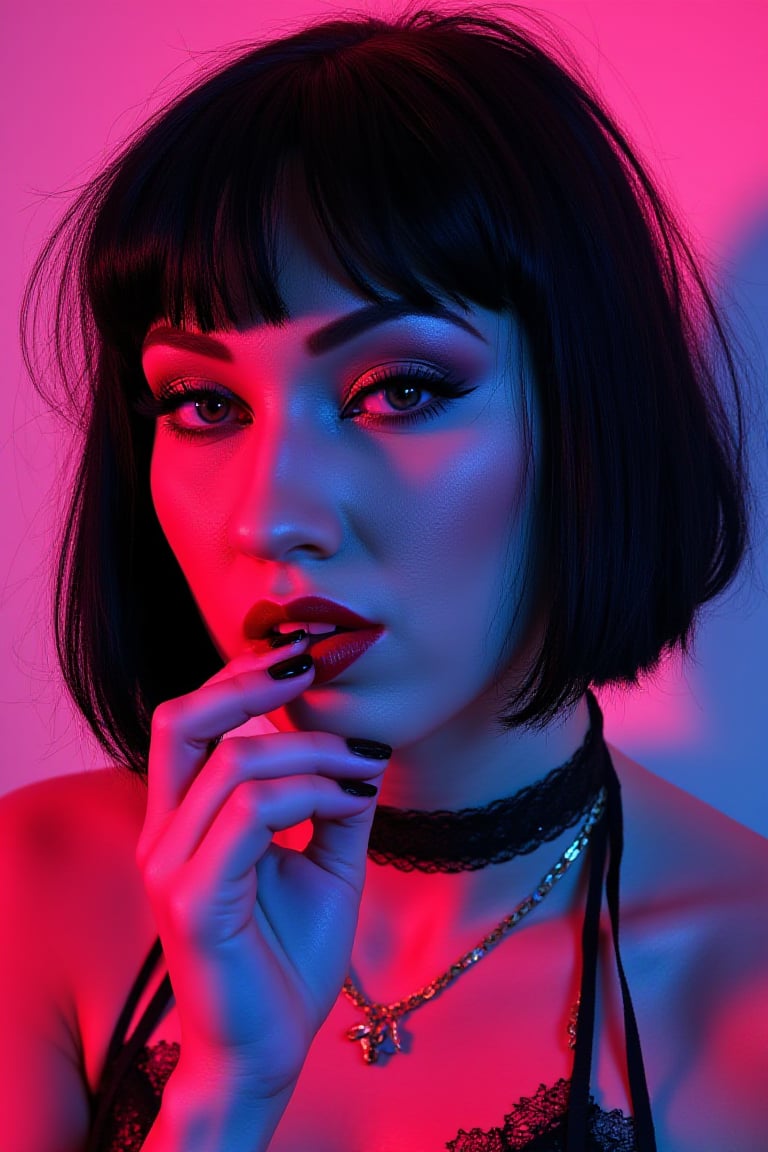 masterpiece, neon splash art of a goth cyberpunk wo4r14Al3, straight-cut bob, bangs, black hair with red streak, earrings, necklaces, red thin lips, dark eyeshadow, choker, black nail varnish, one hand near her mouth, sensual, sexy, vibrant surreal colours