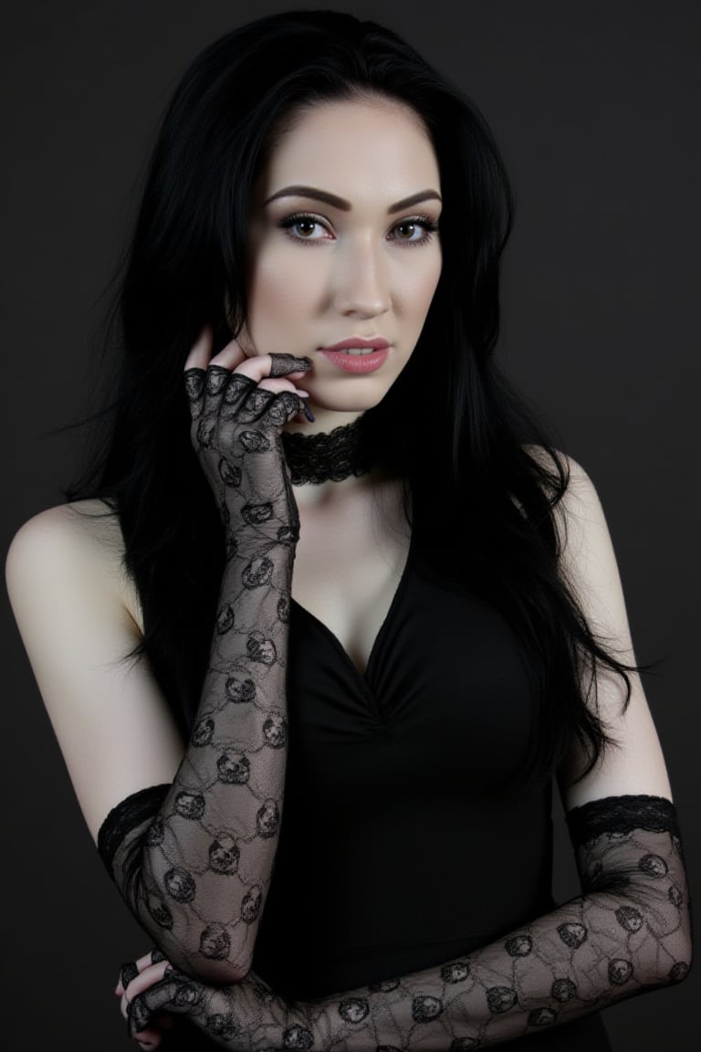 portrait of wo4r14Al3 wearing a lace black choker and lace elbow gloves with skull patterns. She has long black hair and pale white skin. She is looking at the camera with a straight face, the background is a gradient of black and white where the black is more up to