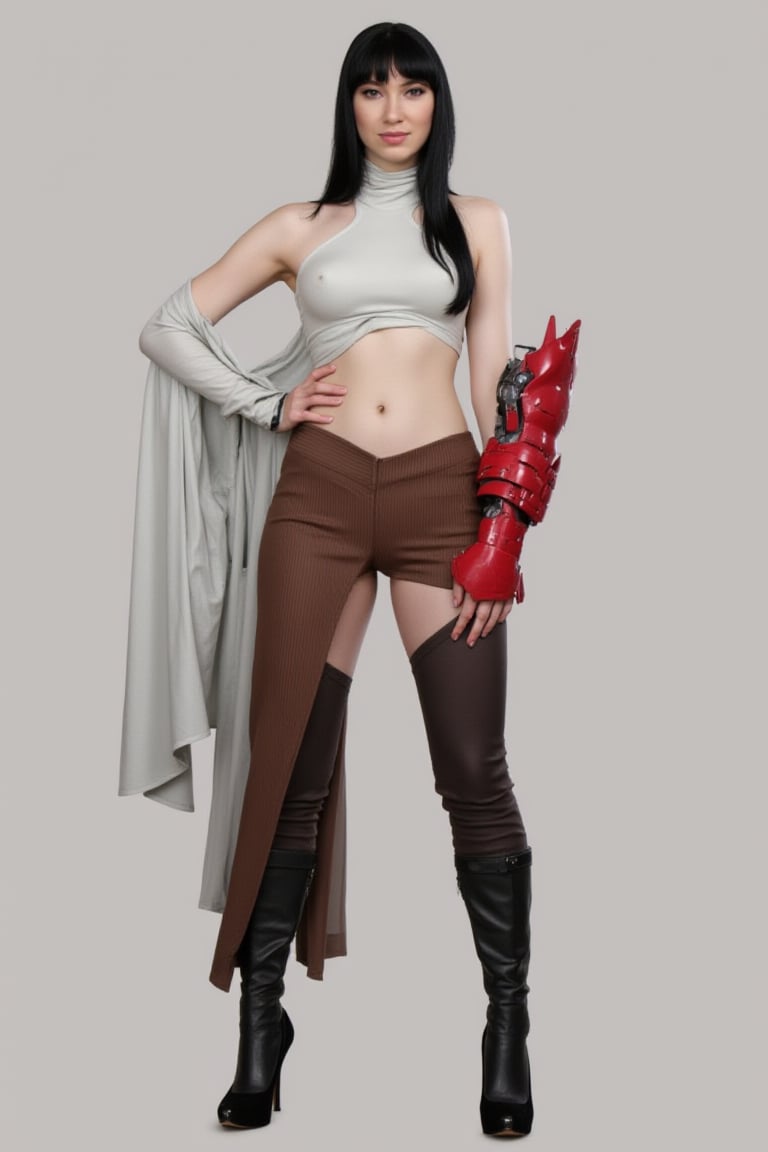 wo4r14Al3 with a confident and slightly relaxed stance. She has long, black hair that falls over her shoulders, and her expression is calm yet assertive. The character is dressed in a unique and asymmetrical outfit. The top is primarily white with a high collar, featuring a dramatic, flowing fabric on one side that drapes down to her thigh. The other side of her top is more fitted and reveals a portion of her midsection, showcasing a brown, ribbed design that contrasts with the sleekness of the rest of her outfit. One of the most striking features is her right arm, which is entirely mechanical and encased in red armor with a detailed, angular design, giving it a strong and robust appearance. The rest of her outfit includes tight, dark brown pants and over-the-knee black boots with heels, adding to her imposing and futuristic look. The combination of organic and mechanical elements in her design suggests a character who is both elegant and formidable, blending softness with strength. The neutral, muted background ensures that the focus remains entirely on the character and her intricate design.